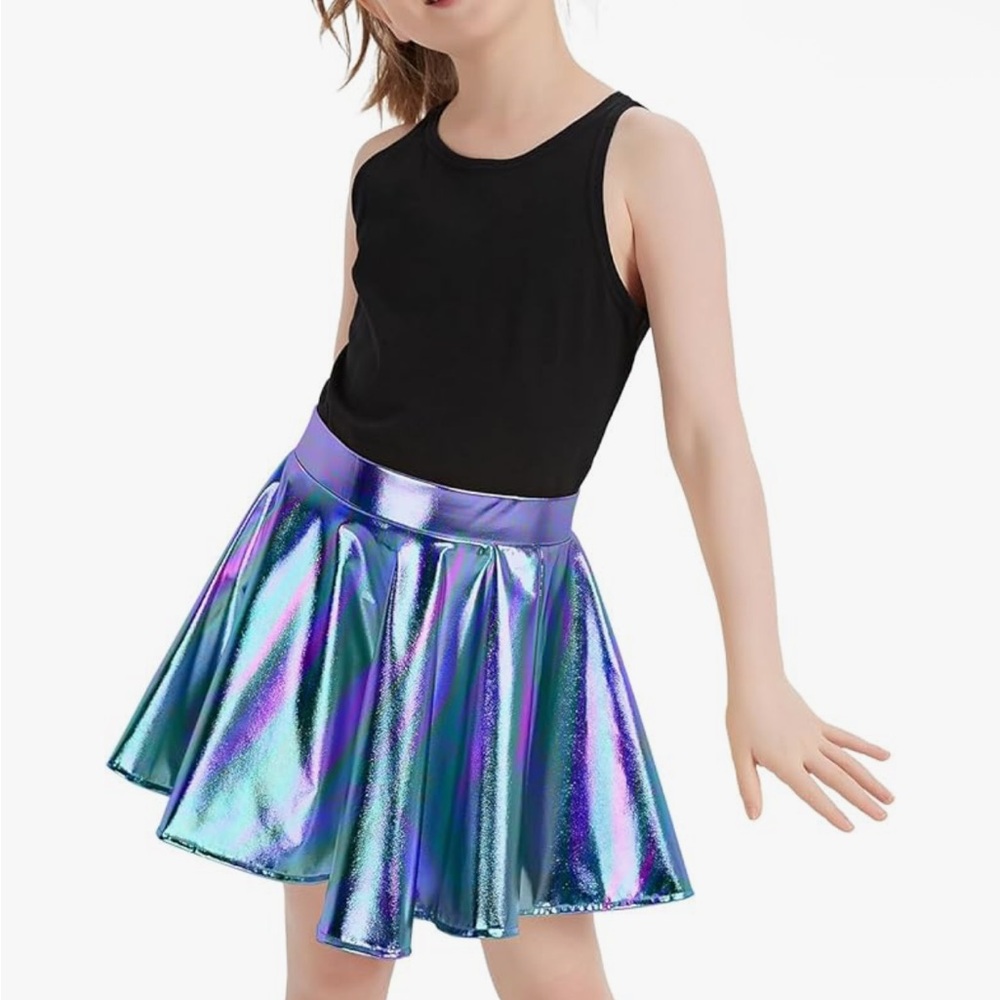Girls Metallic Pleated A-Line Skirt in Iridescent Blue/Purple